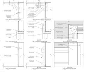 Architectural detail drawings of crown molding, casing, and base trim for a historic Chelsea, NYC brownstone renovation. The plans include specifications for second floor additions and renovations, showcasing precise measurements and design notes for maintaining architectural integrity.